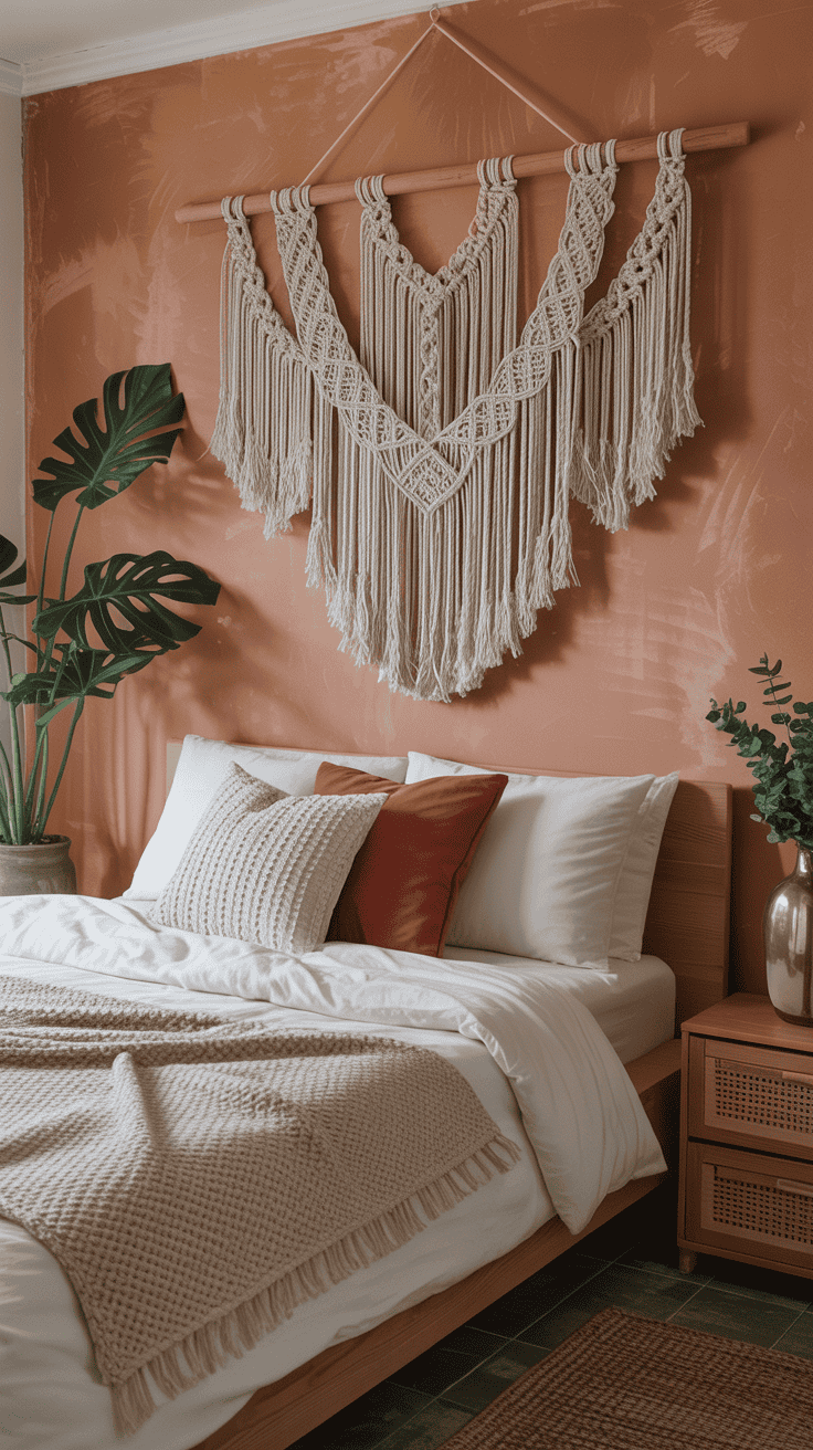 A macrame wall hanging above a bed in a cozy bedroom setting.