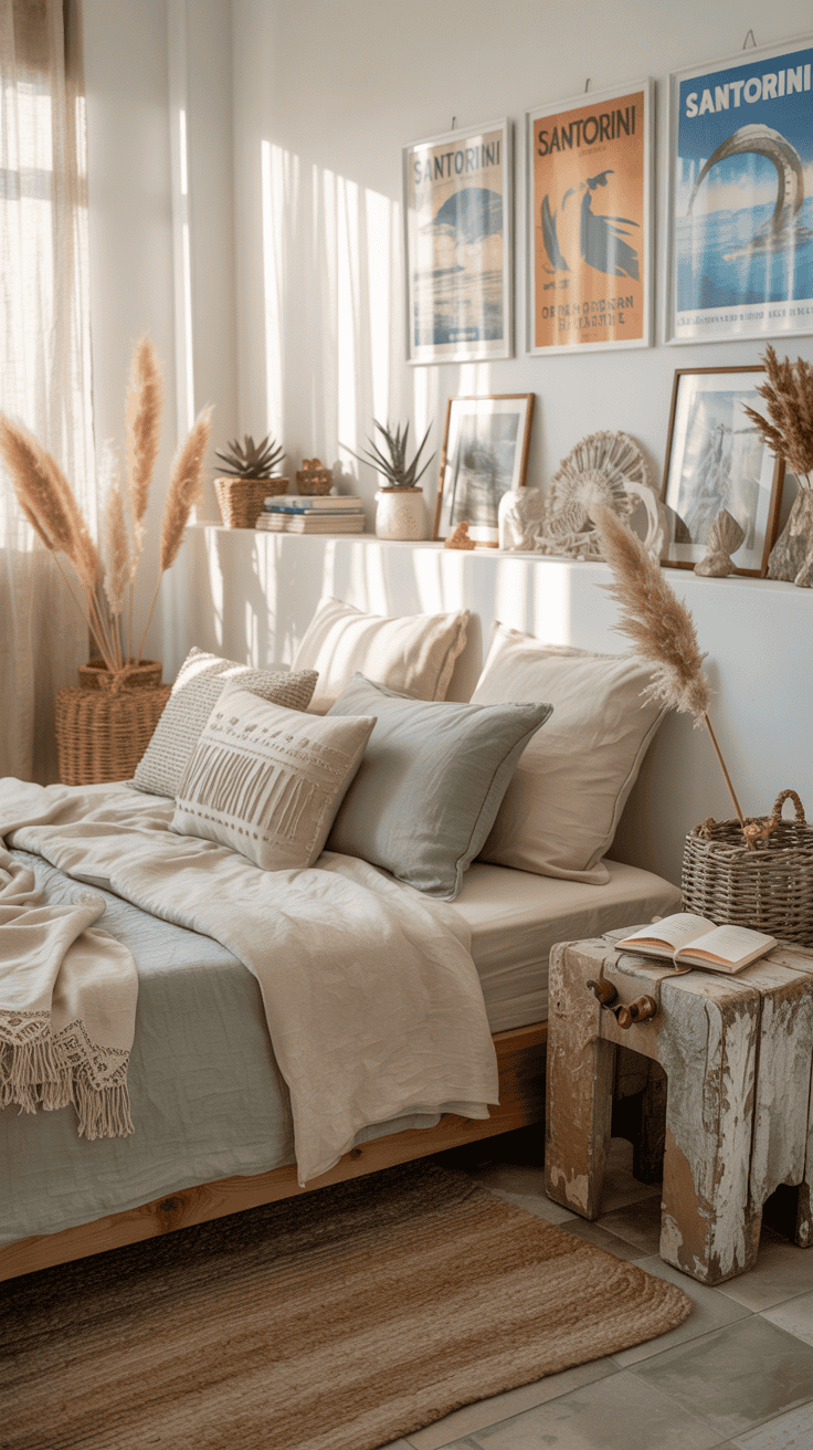 A cozy boho coastal bedroom with travel mementos and personalized decor.