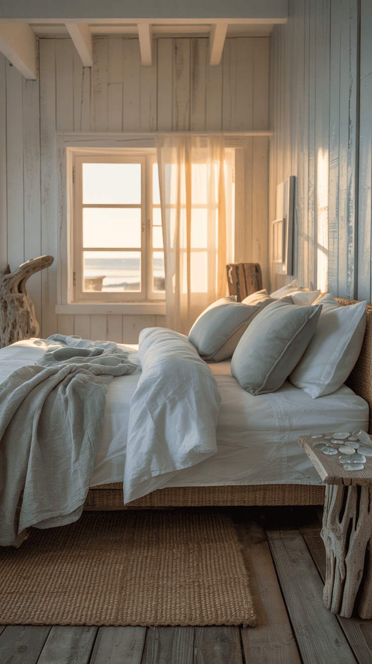 A cozy and inviting bedroom with soft colors and natural materials.