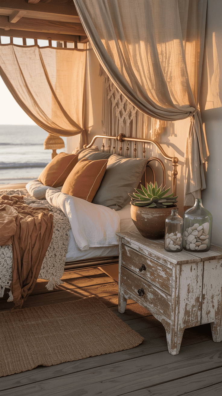 A cozy boho coastal bedroom featuring vintage furniture and decor.