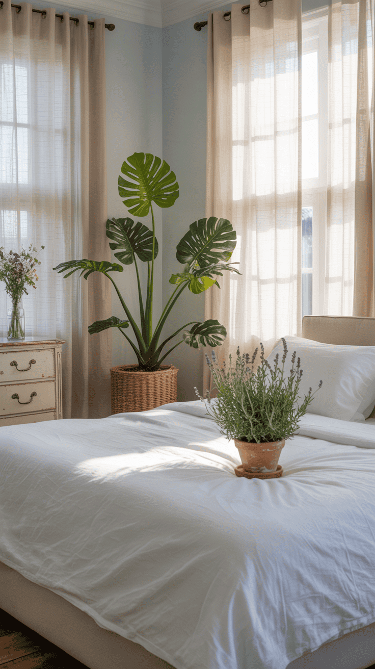 A cozy coastal bedroom with a large leafy plant and a small potted plant on the bed.