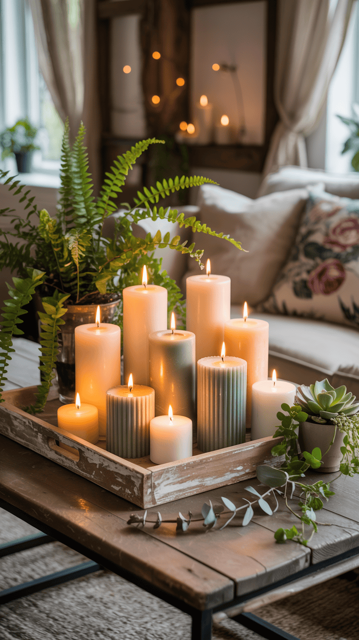 A rustic wooden tray with various candles arranged on a coffee table, surrounded by greenery.
