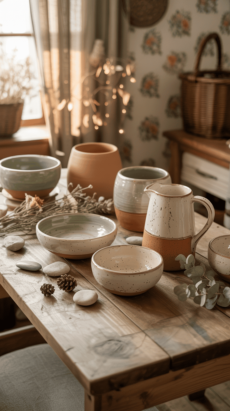 A collection of handmade pottery and natural elements on a wooden table.