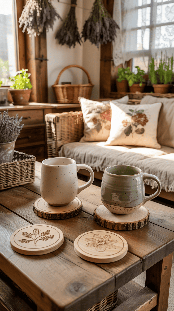 A cozy coffee table with nature-inspired coasters and mugs.