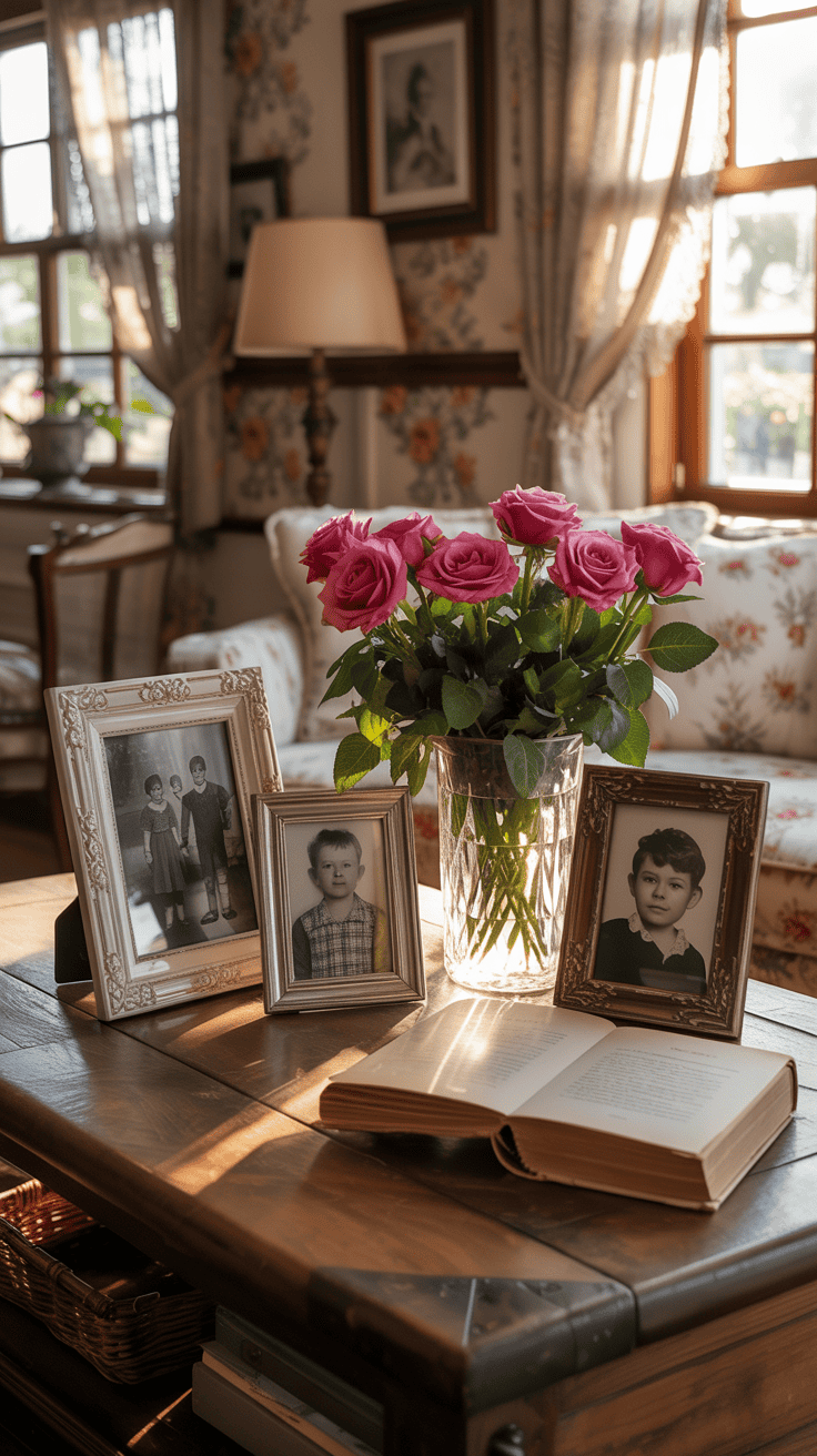 A cozy coffee table decorated with family photos in elegant frames, a vase of roses, and a book.