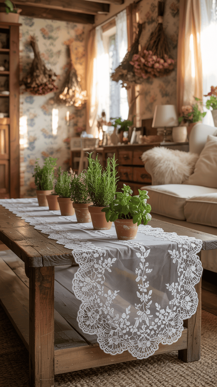 A lace table runner on a wooden coffee table with fresh herbs in pots.