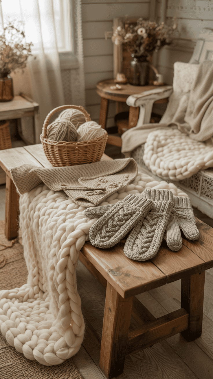 Cozy throw blanket and knitted items on a coffee table