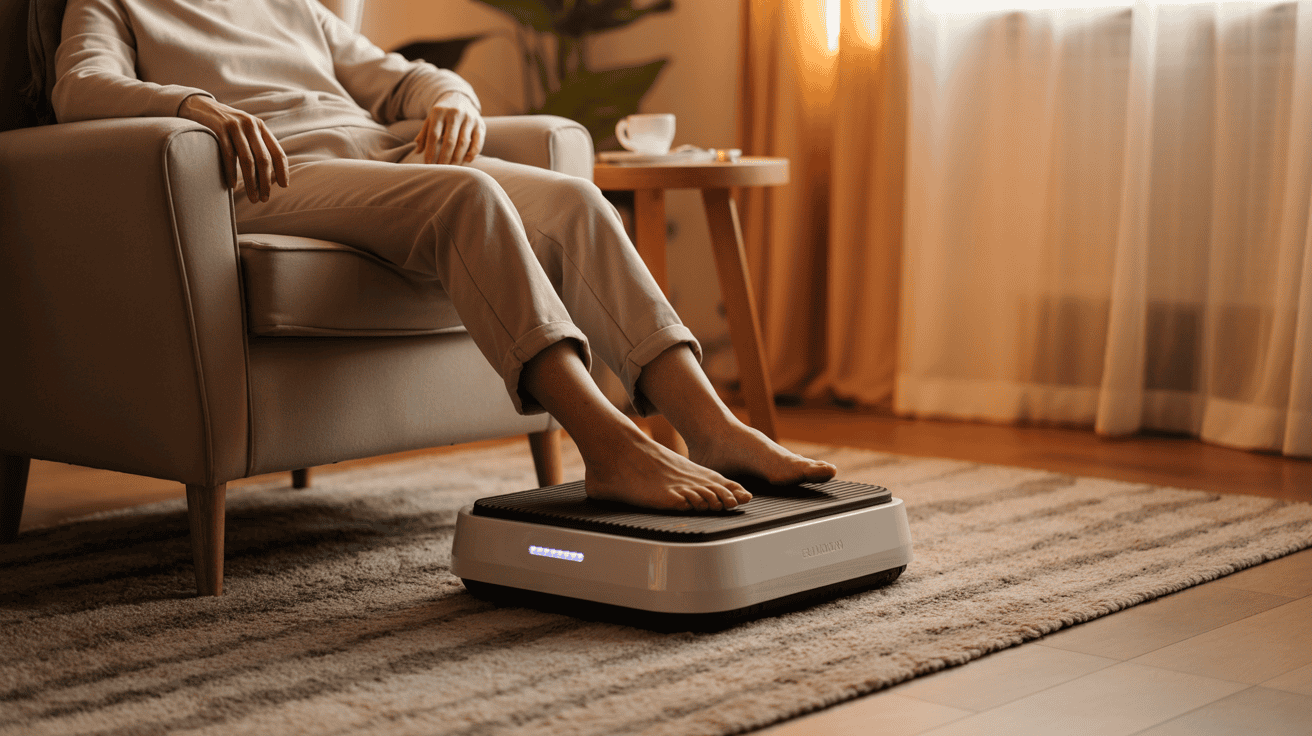 Person sitting on a chair using a foot vibration plate in a cozy living room.