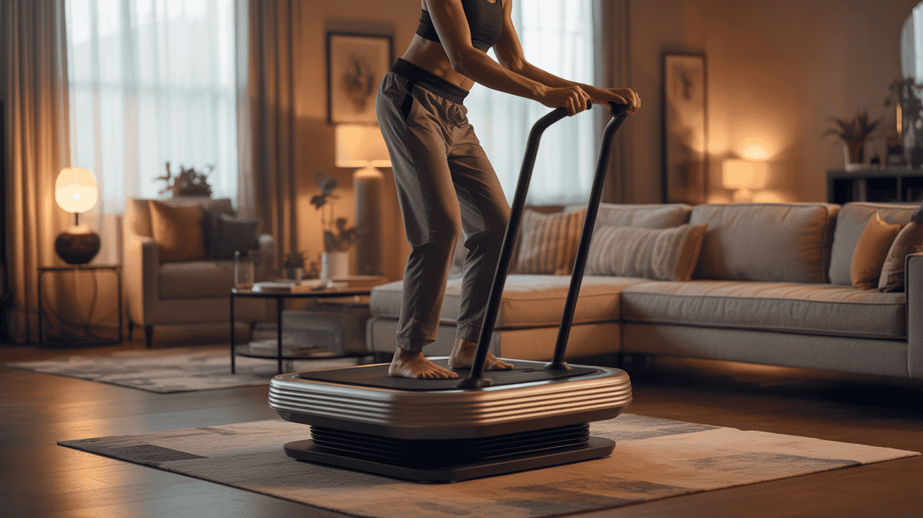 Person exercising on a vibration plate machine in a cozy living room.