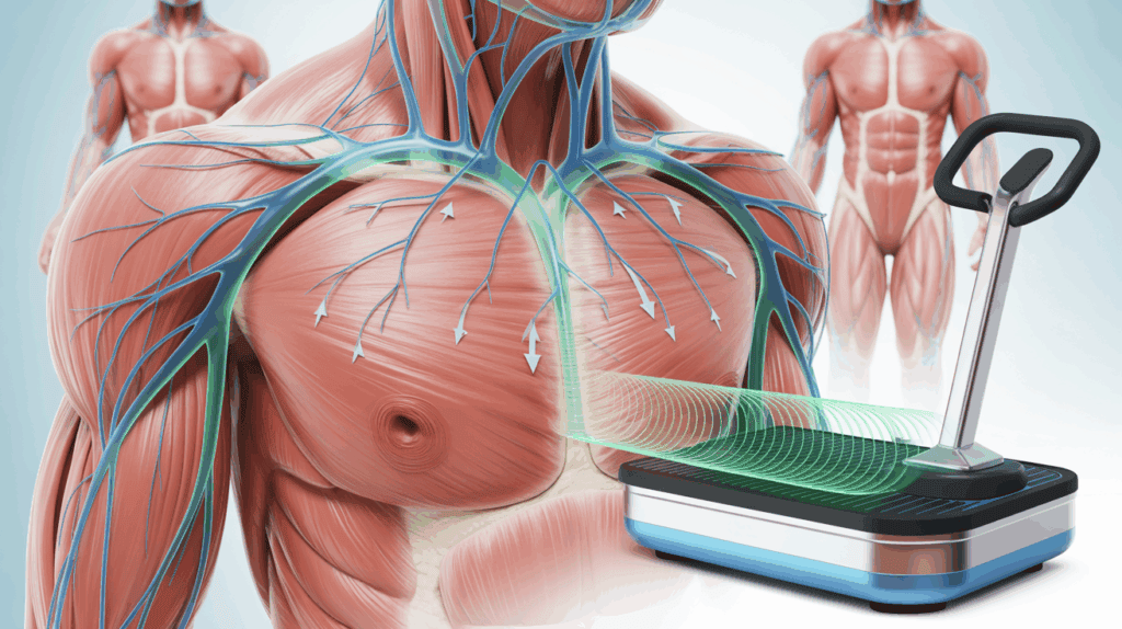 Illustration showing muscle anatomy and lymphatic flow stimulated by a vibration plate machine.