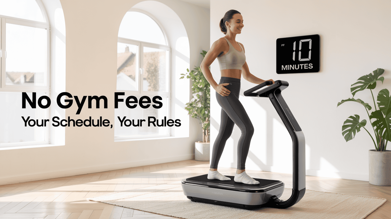 Woman exercising on a vibration plate at home with text reading “No Gym Fees, Your Schedule, Your Rules.