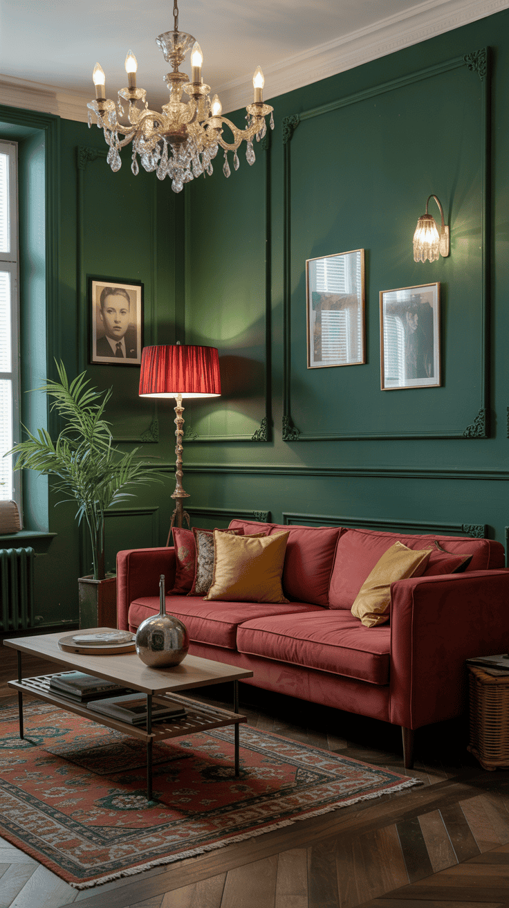 A cozy living room featuring a deep green wall, a vintage chandelier, and a rich red modern sofa, creating a modern Victorian decor style.