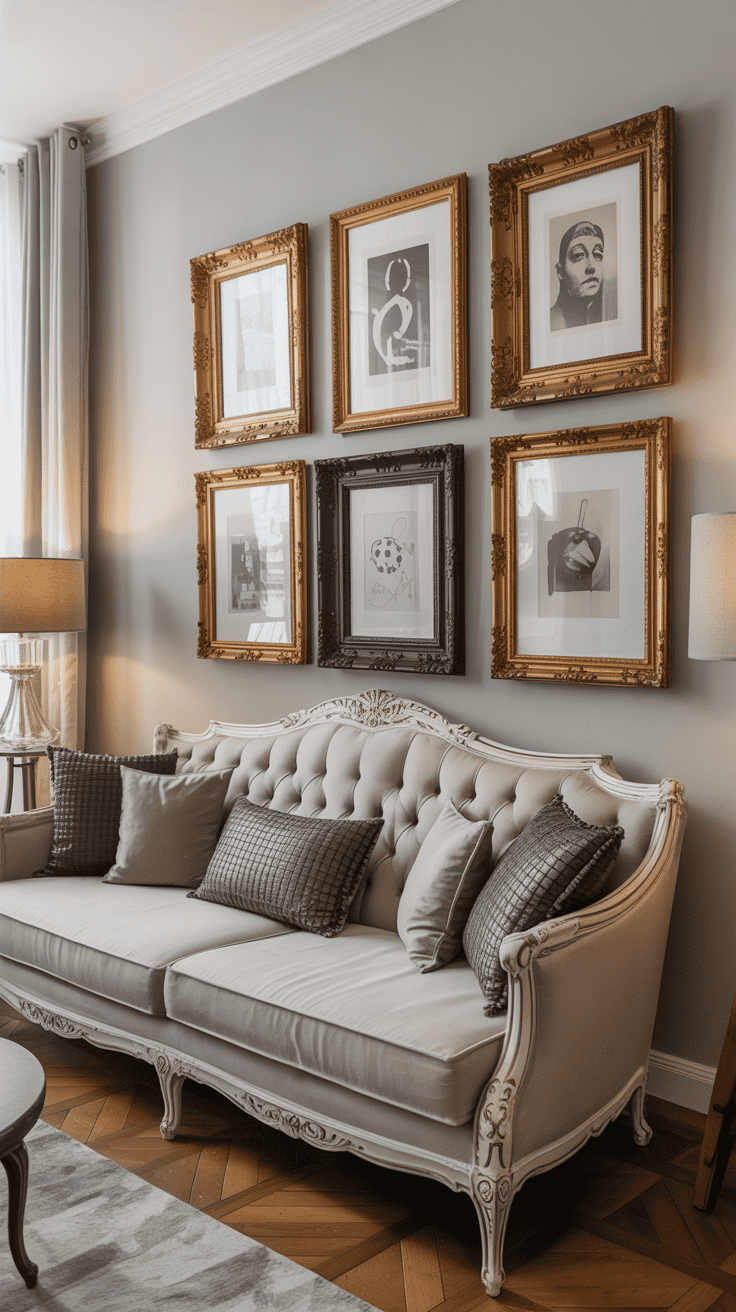A wall displaying modern art pieces framed in traditional ornate frames.