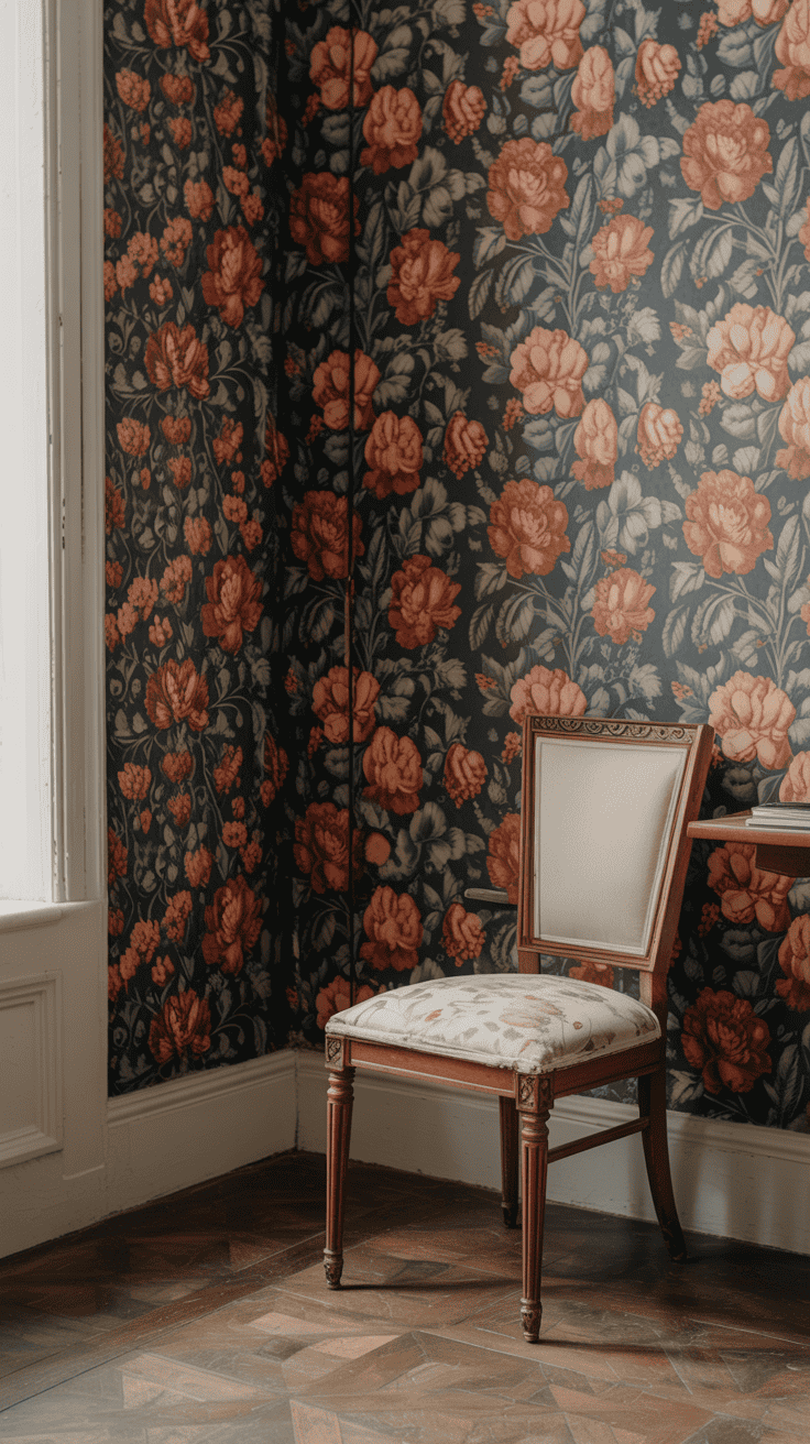 A corner of a room with bold floral wallpaper featuring bright colors and a wooden chair.