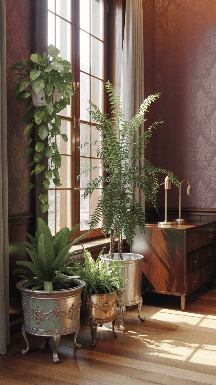 Indoor plants in vintage planters by a sunny window