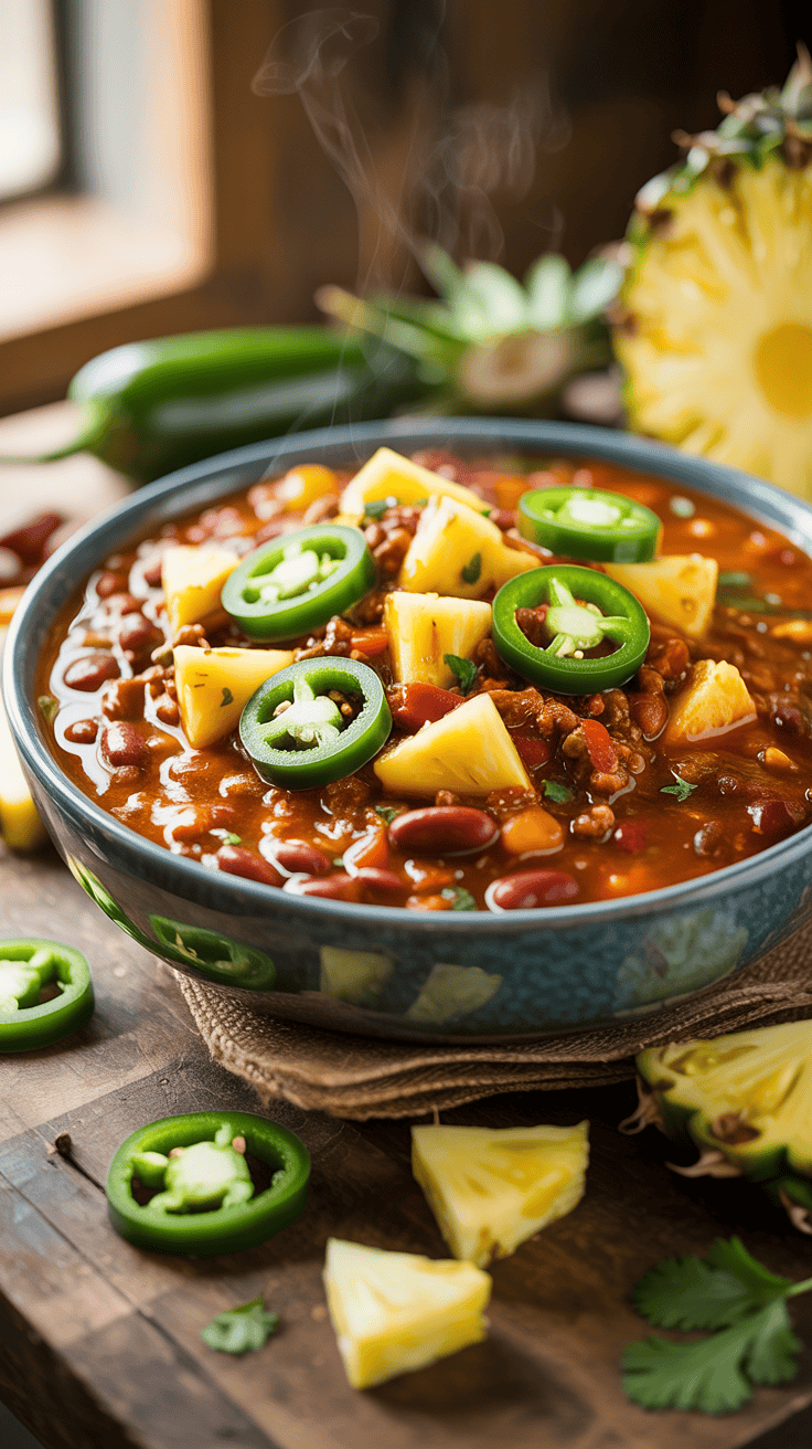 Steaming bowl of pineapple and jalapeño chili with beans, ground meat, and cilantro on a rustic wooden table in warm natural light.