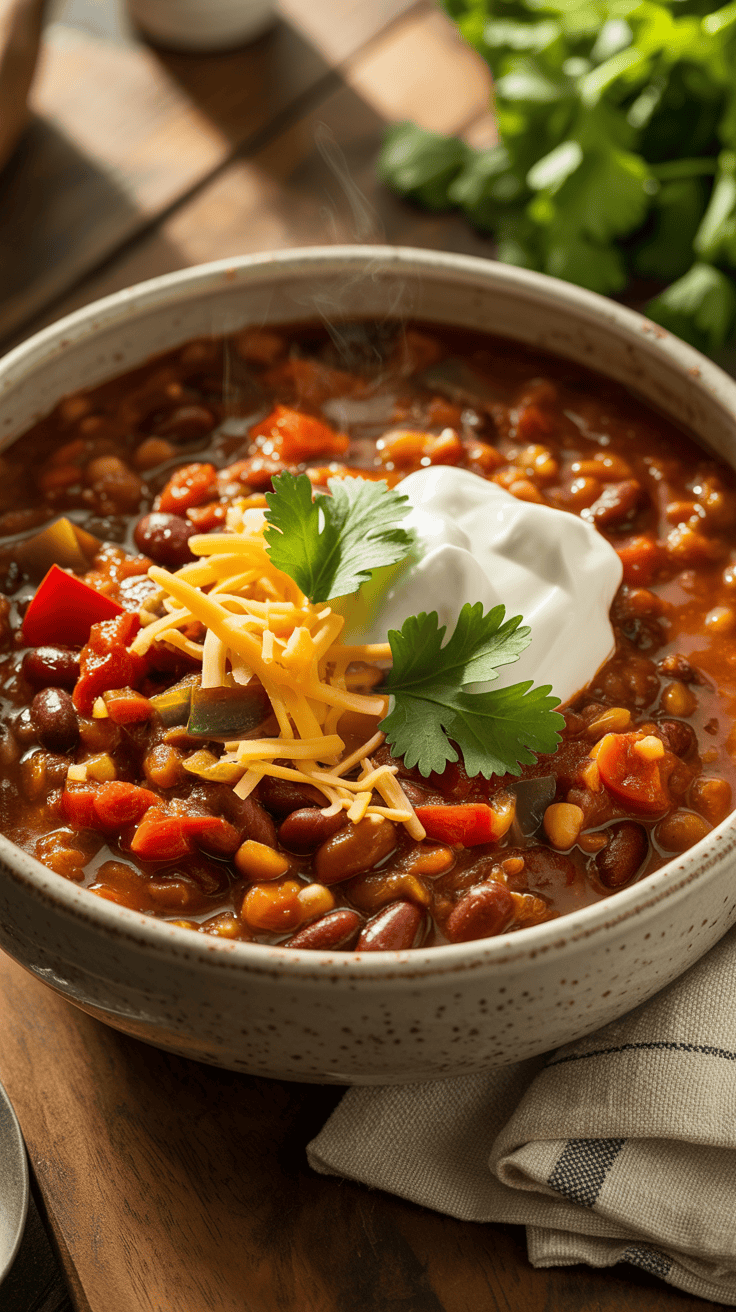 A bowl of spicy lentil chili with beans and vegetables, garnished with cilantro.