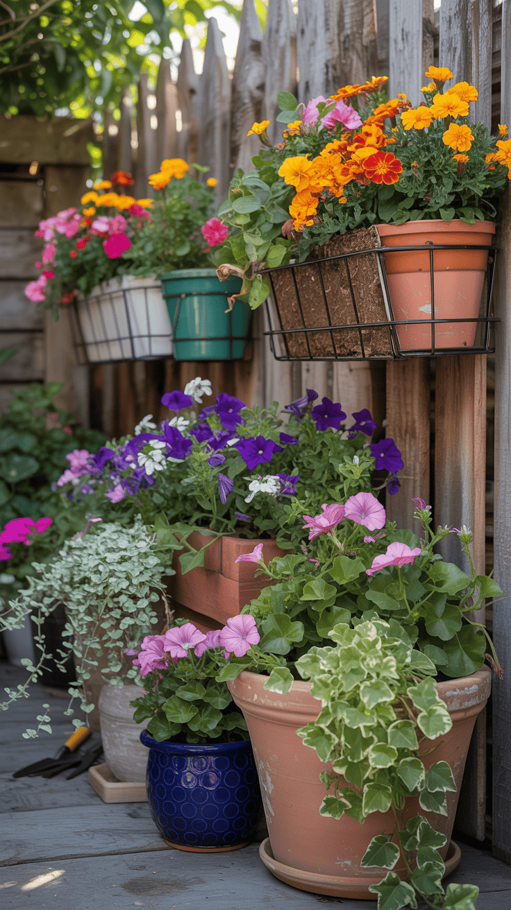 Colorful container gardens with various flowers arranged against a wooden fence.