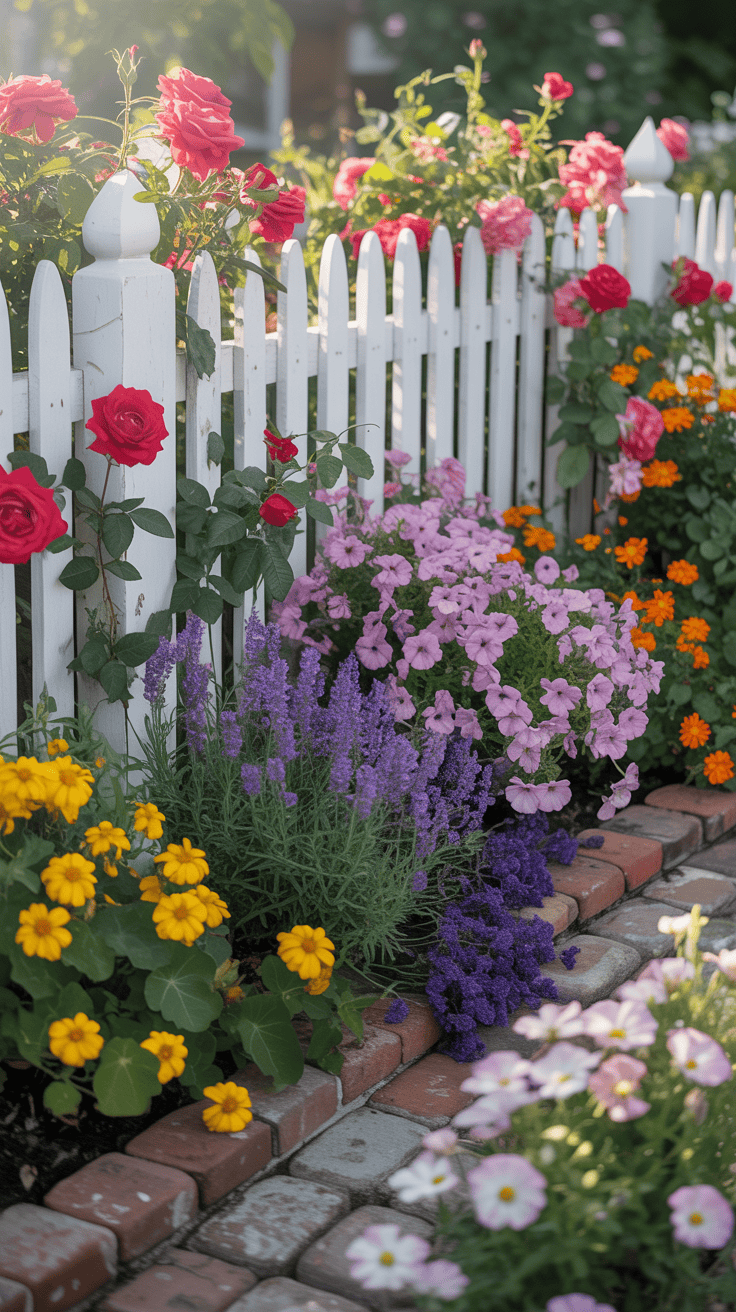 A vibrant garden with a white picket fence and colorful flowers.