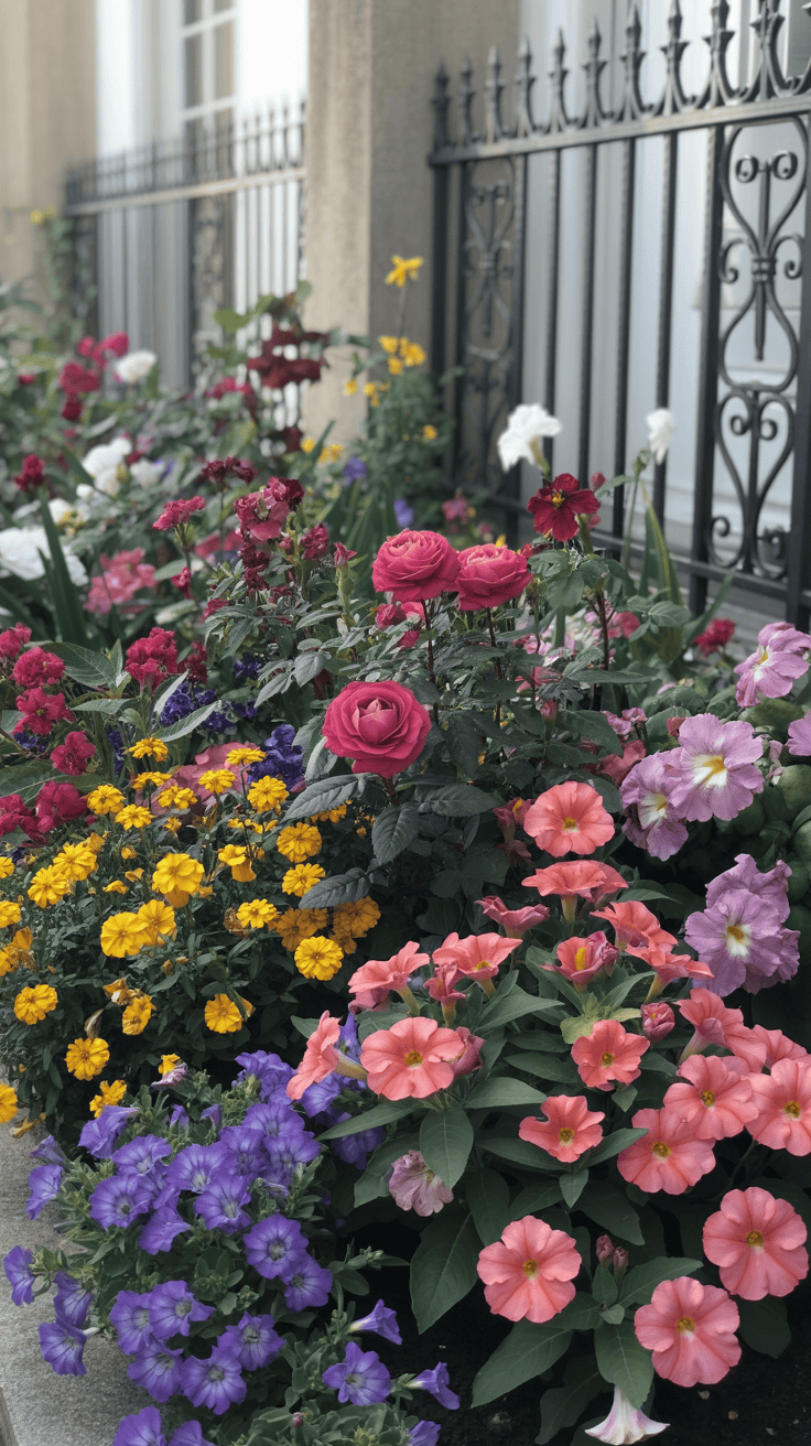 A vibrant flower bed with various colorful flowers surrounded by a decorative black fence.