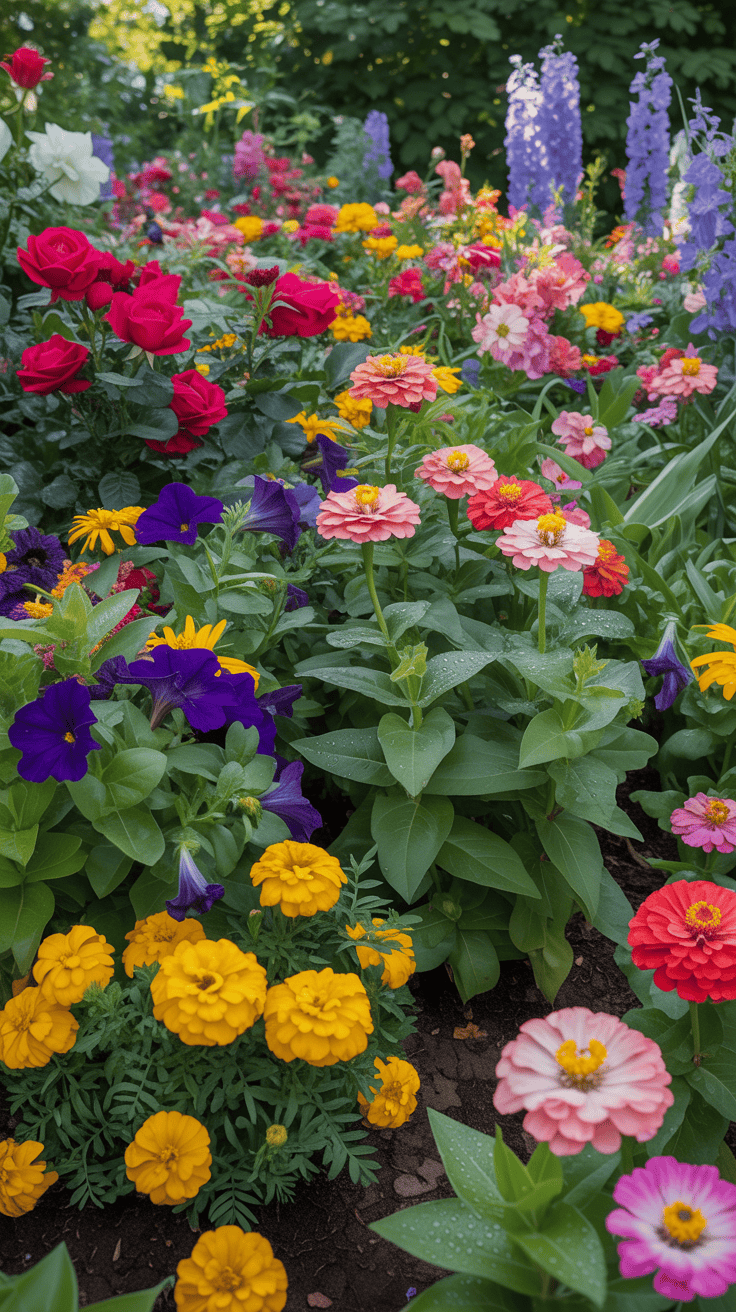 Colorful flower garden with various blooms and greenery.