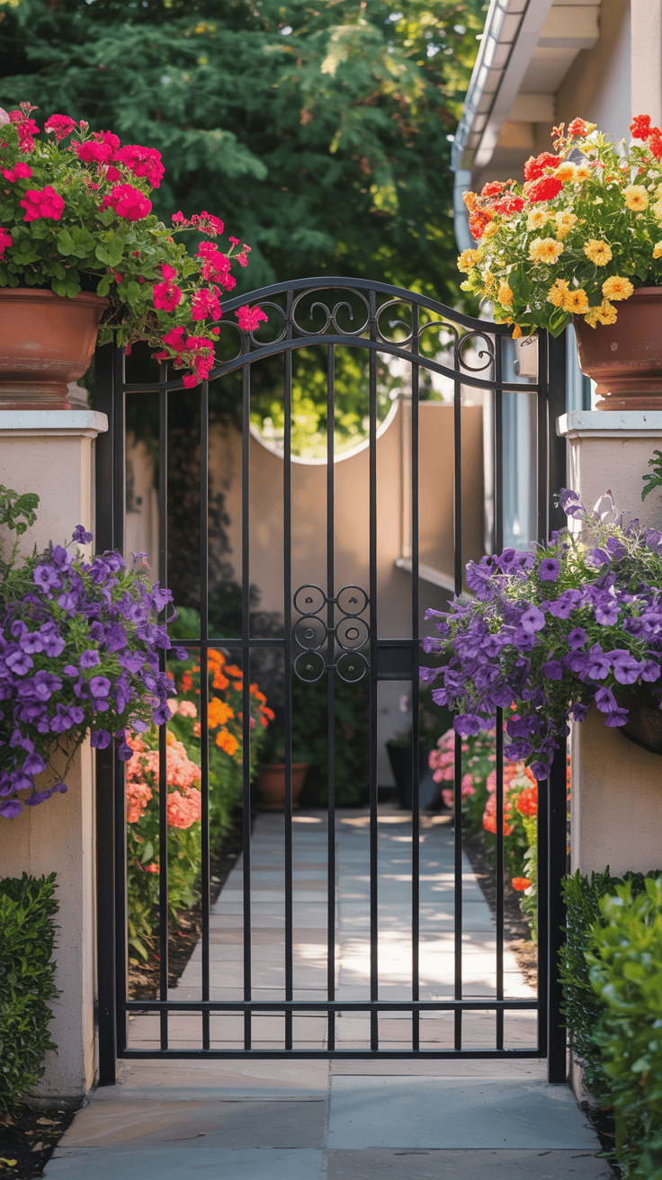 A welcoming entrance with colorful flower arrangements and a stylish black gate.