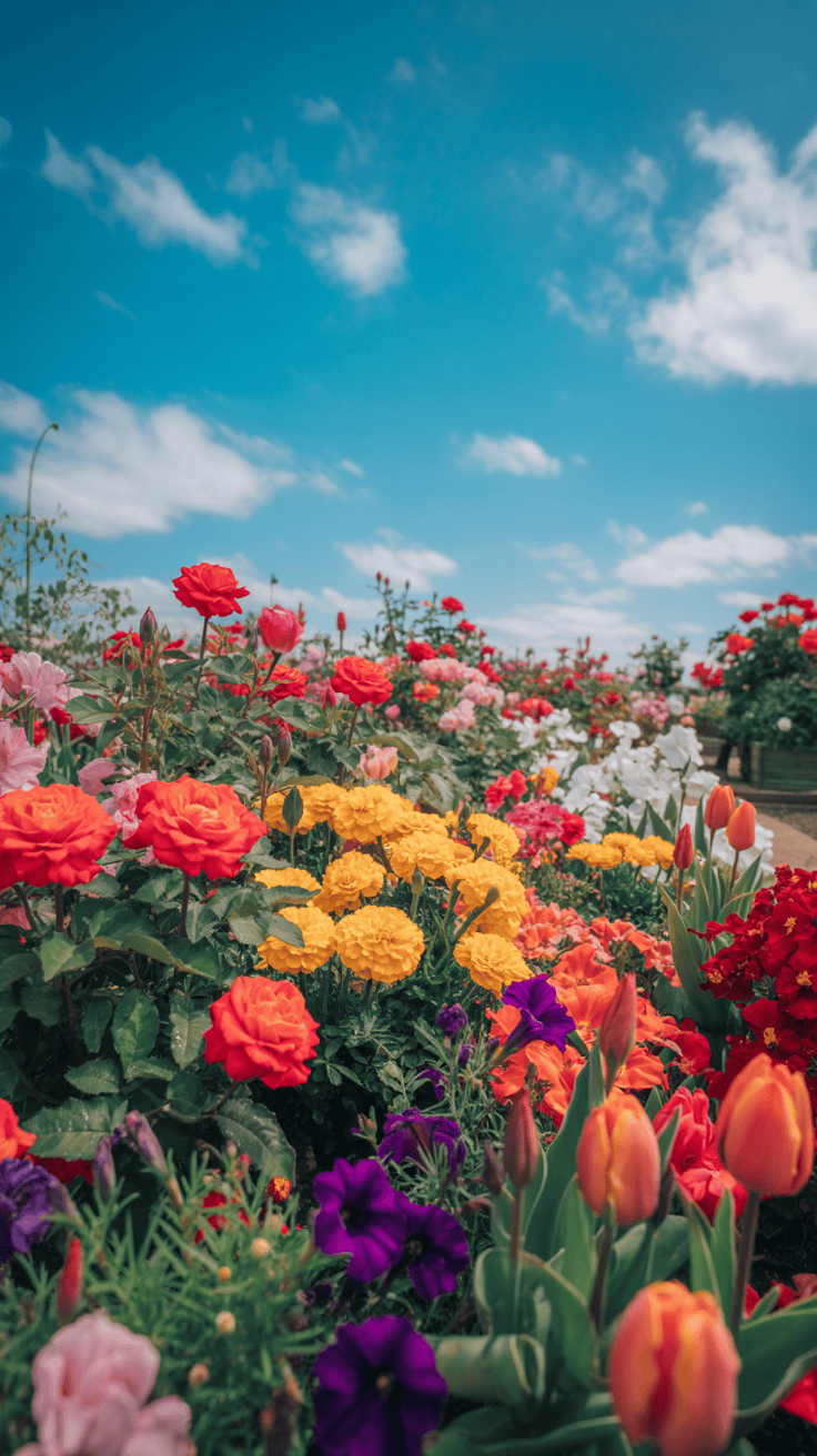 Colorful flowers in a garden with a blue sky