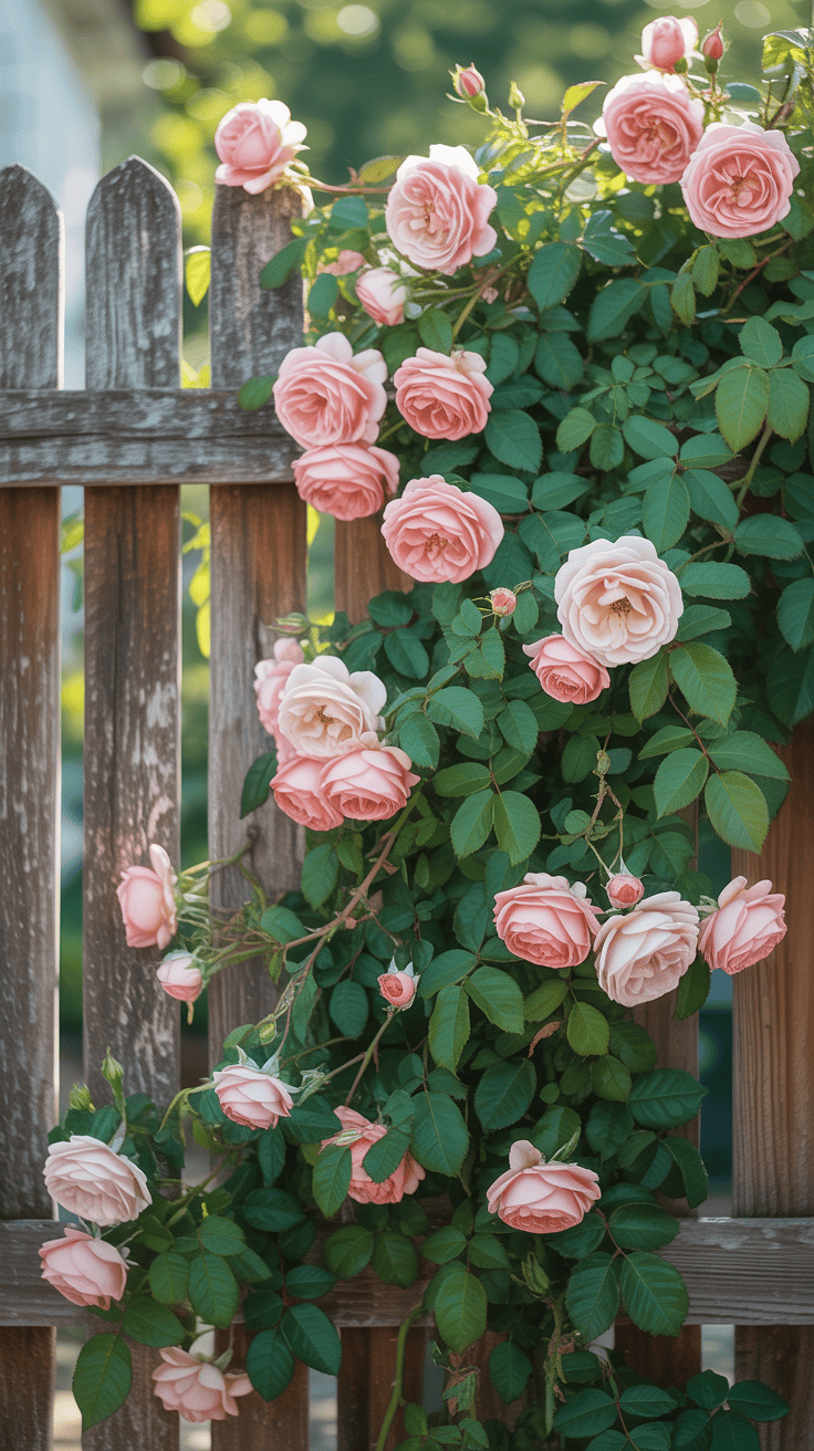 A wooden fence adorned with climbing pink roses and green leaves.