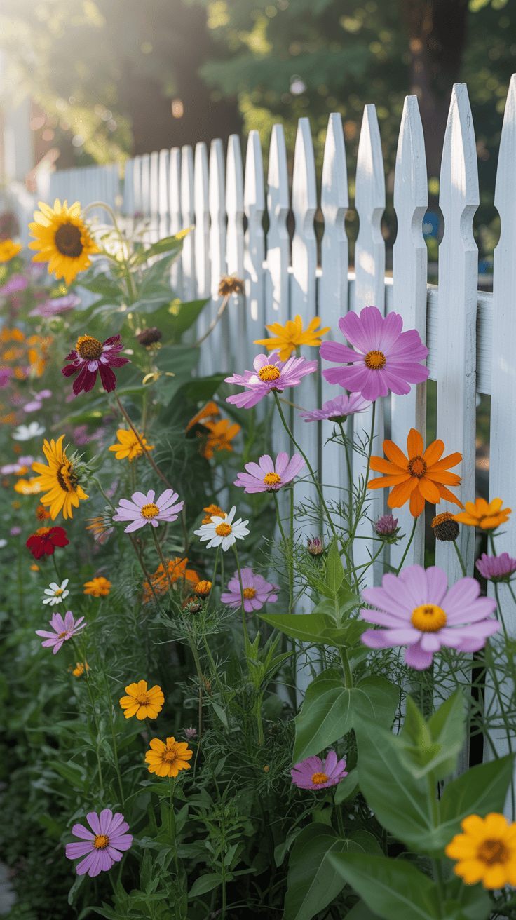 Colorful flowers in front of a white picket fence