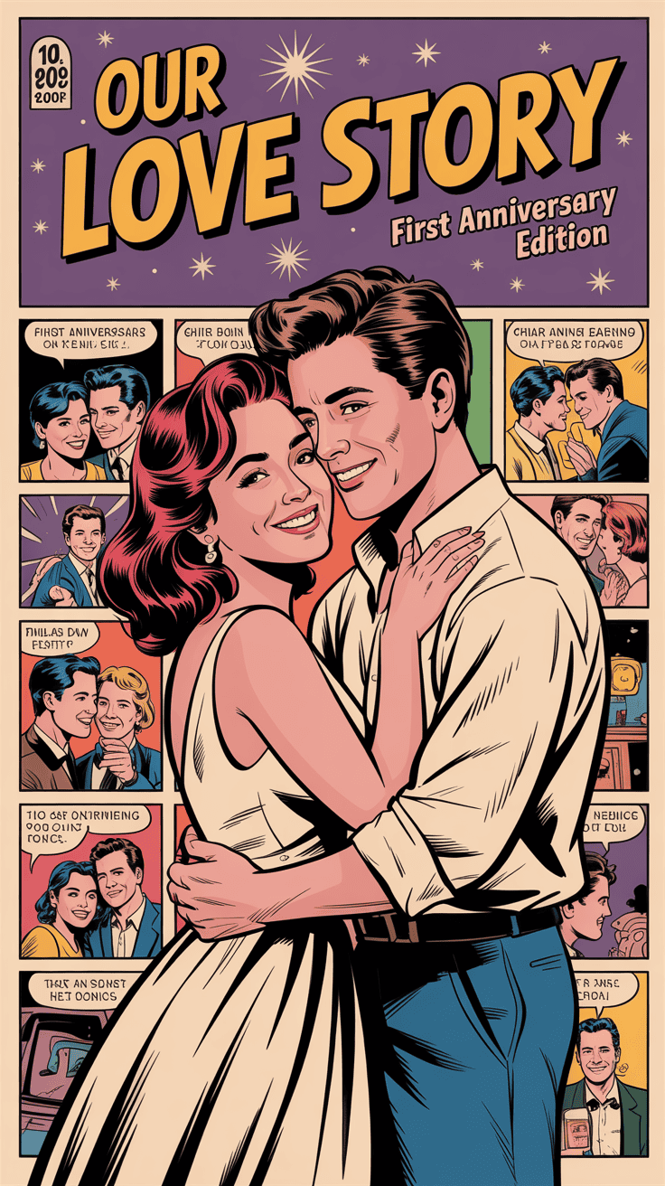Personalized comic book showing a couple's love story for first anniversary