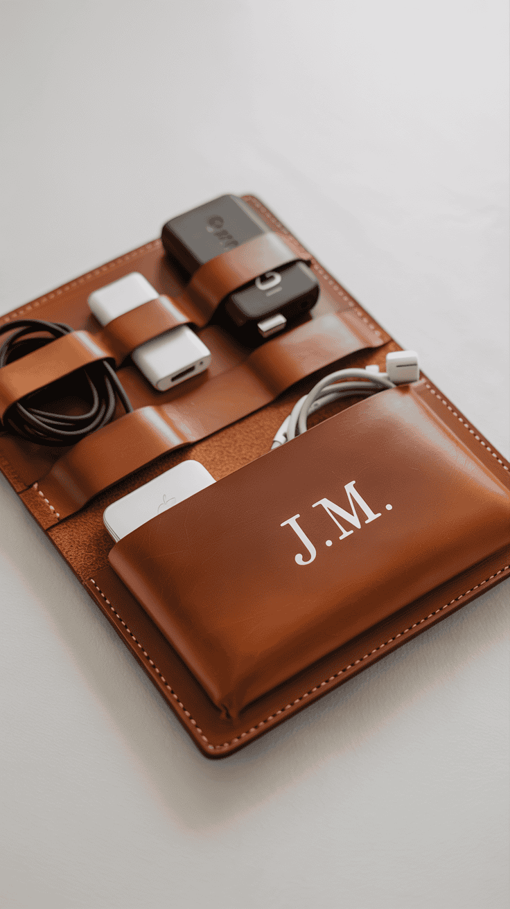 Leather tech organizer with custom initials