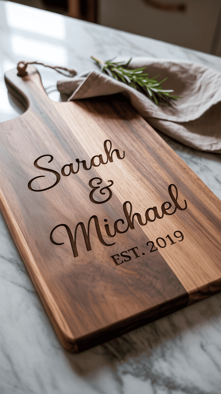 Custom wooden cutting board with names and anniversary date