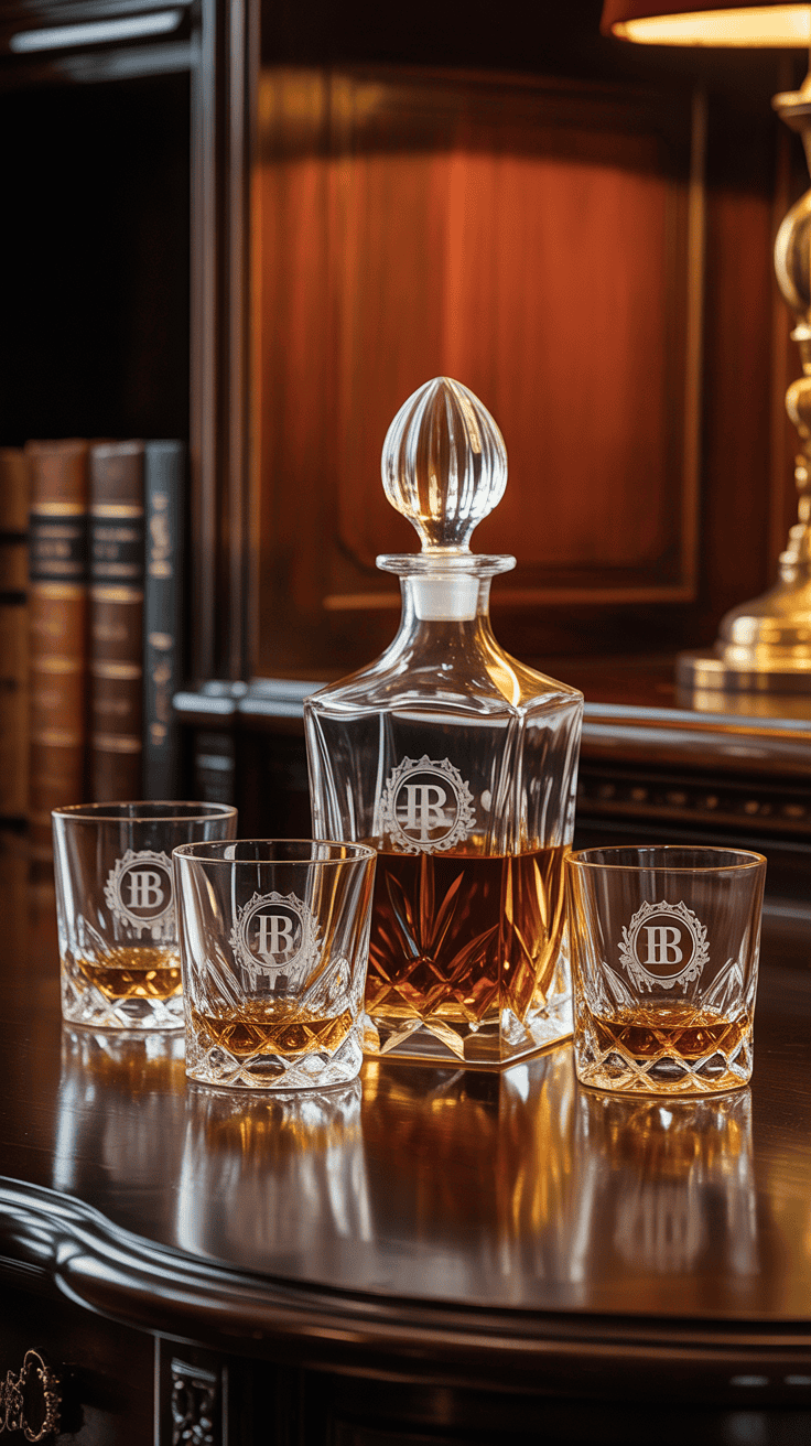 Crystal whiskey decanter set with personalized glasses
