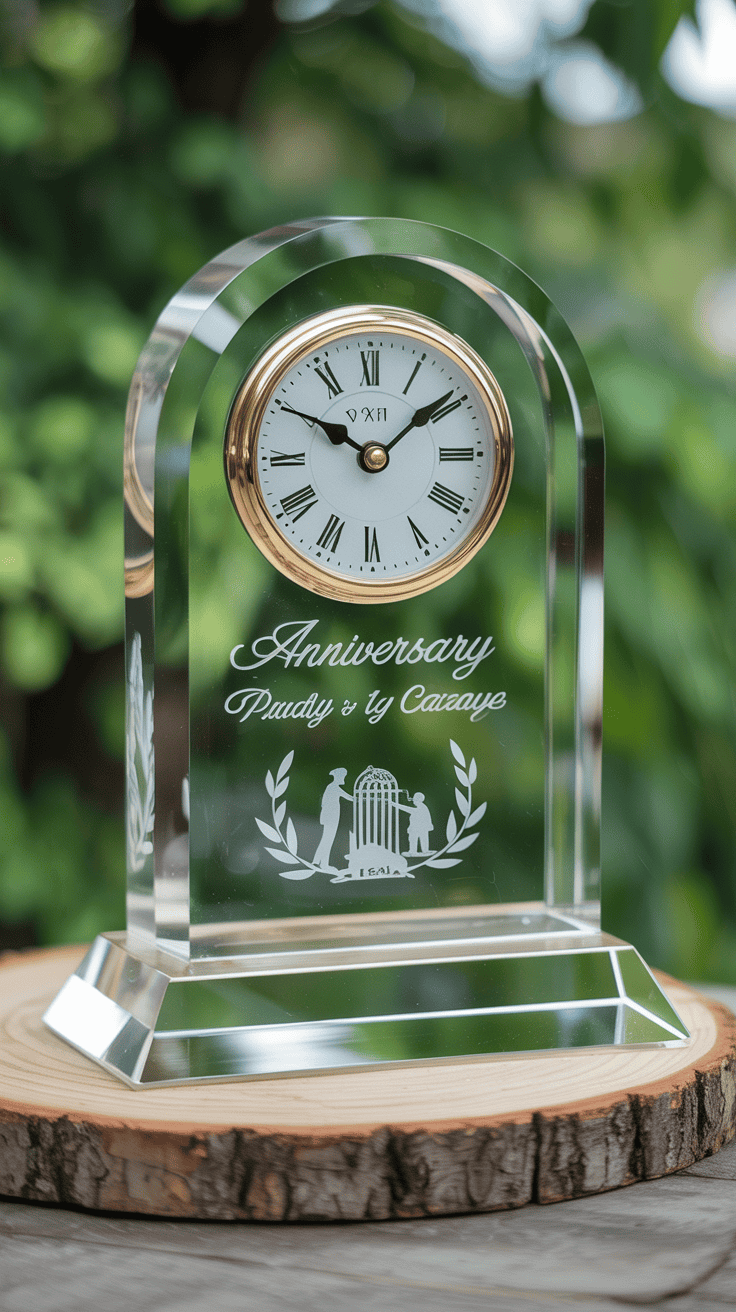 Crystal clock with anniversary details engraved