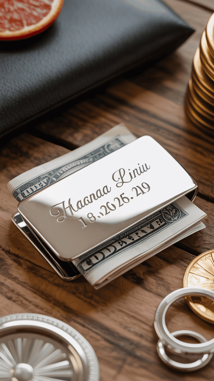 Silver money clip with personalized engraving