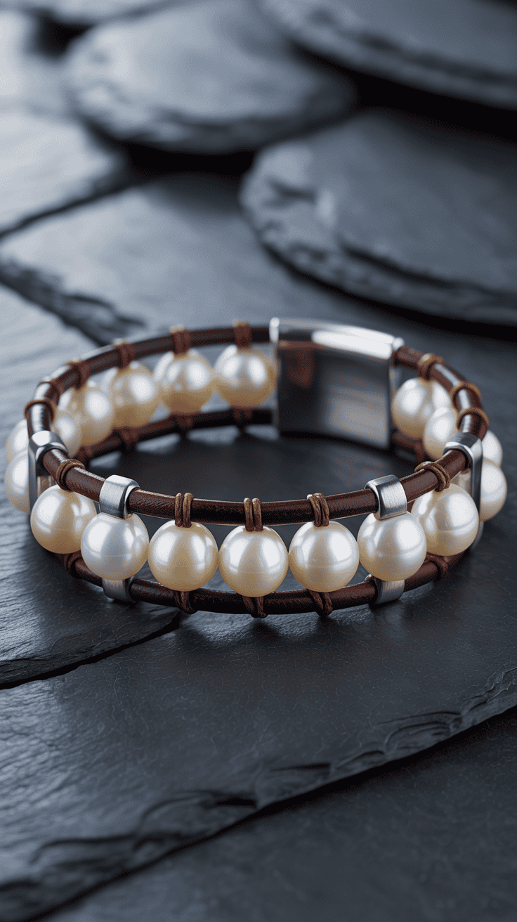 Pearl and leather bracelet for men