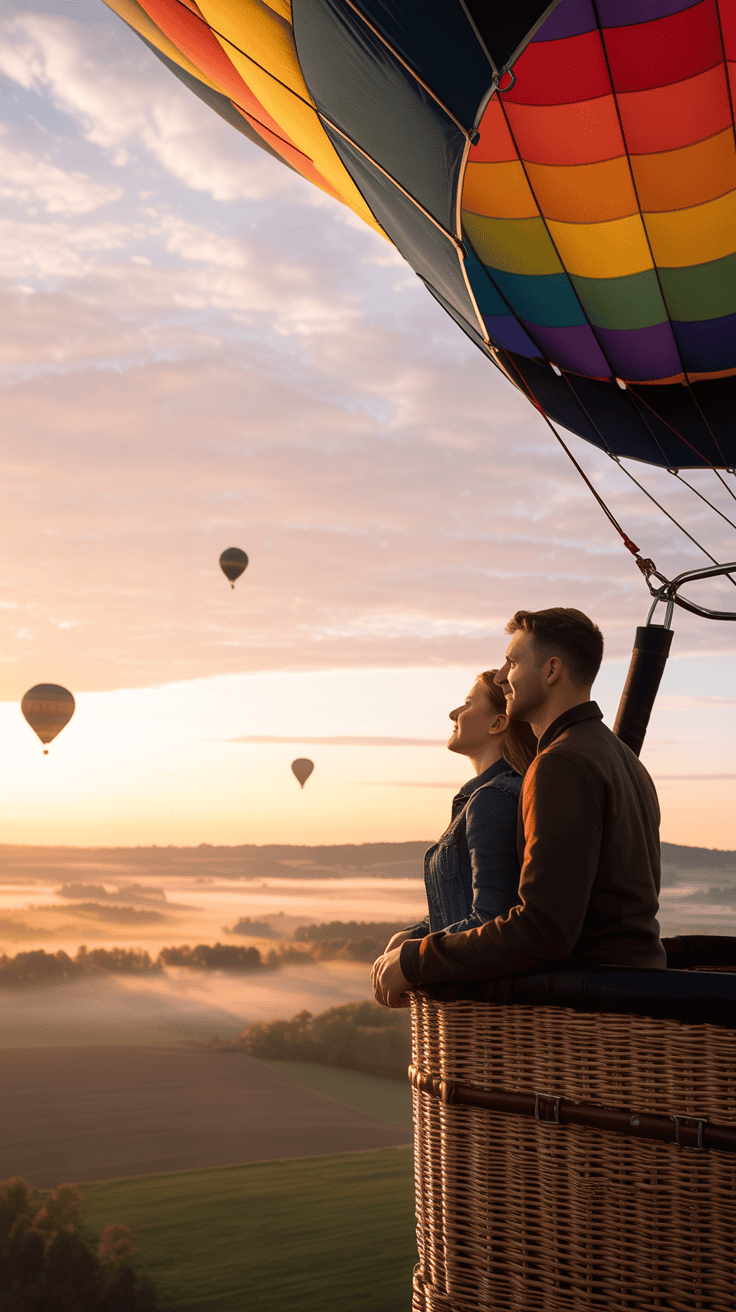 Couple enjoying a hot air balloon ride at sunrise
