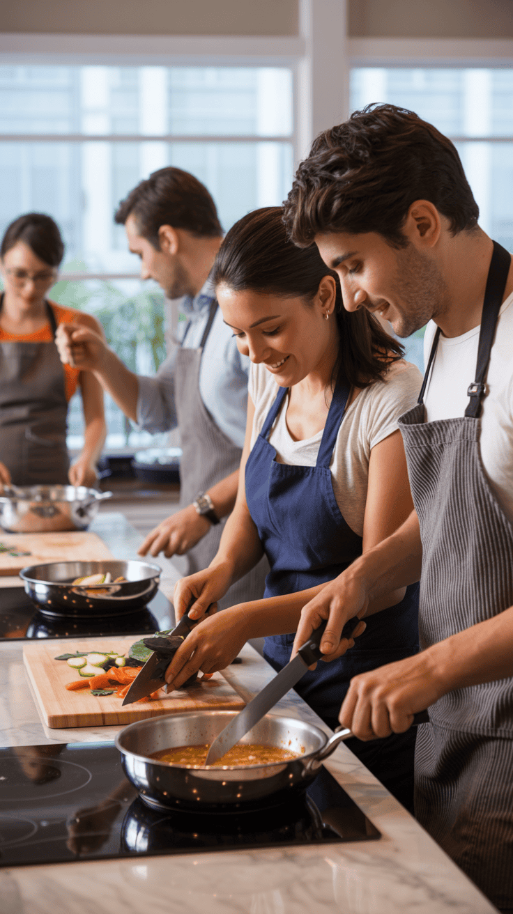 Couple taking a cooking class together