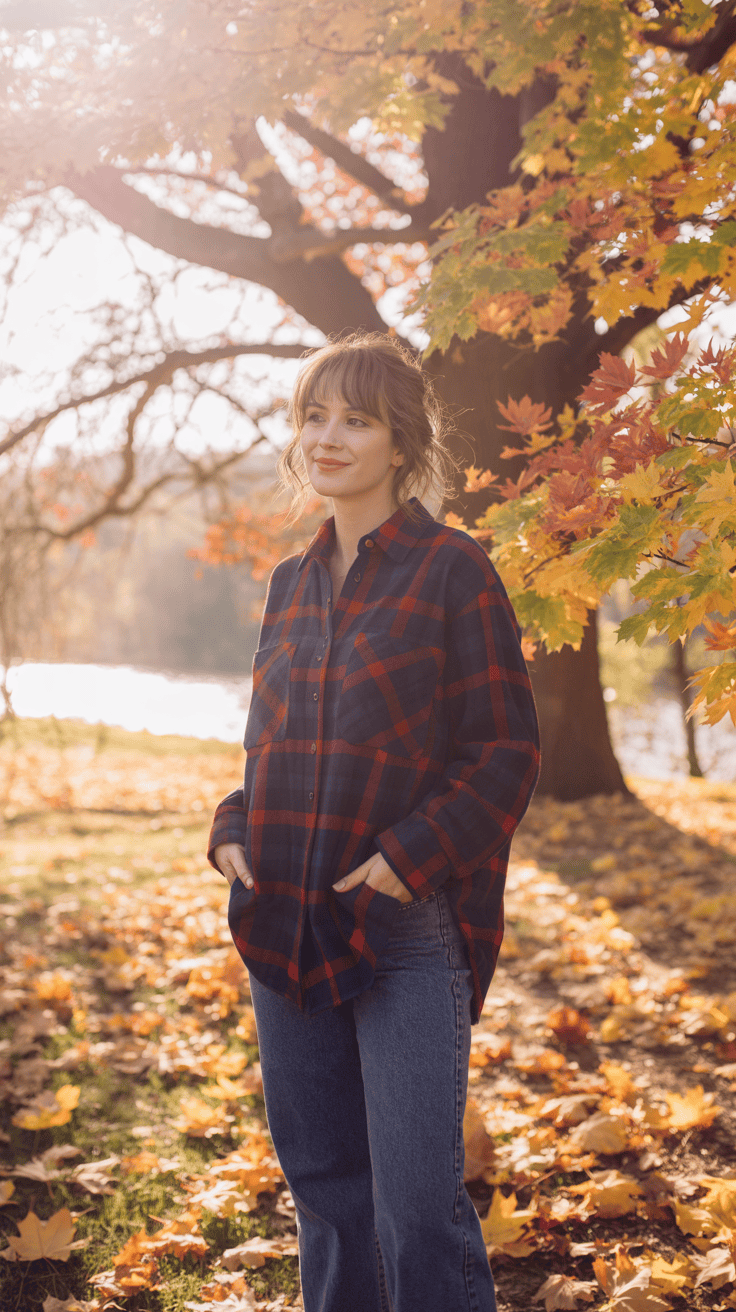 A woman wearing an oversized flannel shirt and jeans, surrounded by autumn leaves.