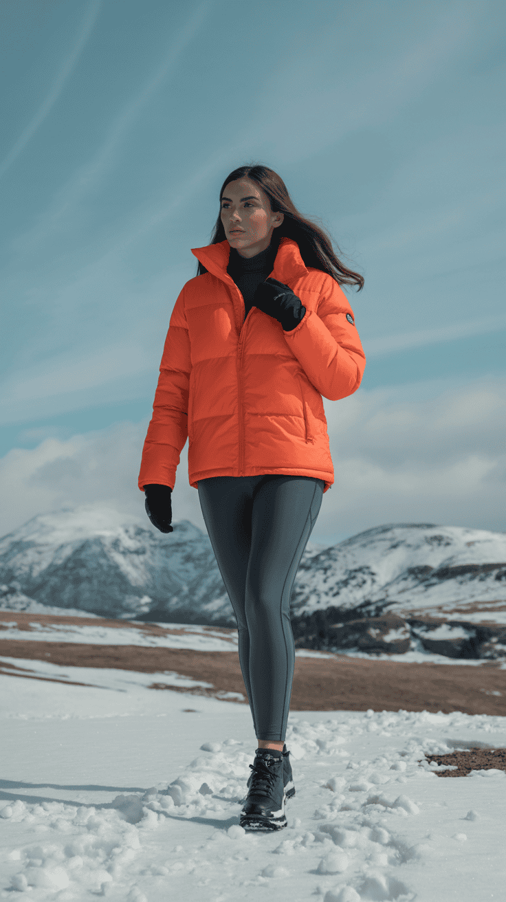 A woman wearing an orange puffer jacket and matching fleece-lined leggings walking in a snowy landscape.