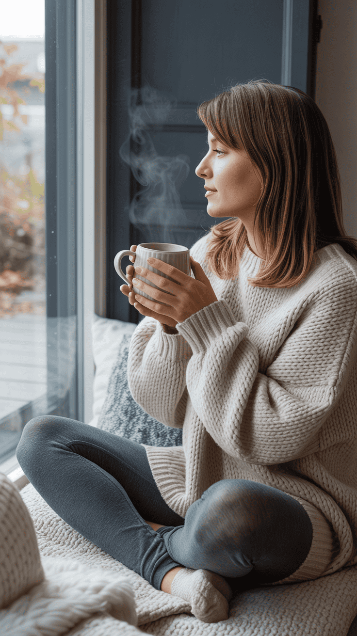 A woman sitting by a window in a chunky knit sweater and leggings, holding a warm drink.