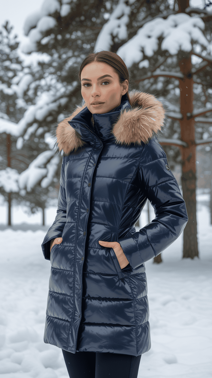 A stylish insulated coat on a woman in a wintery setting.
