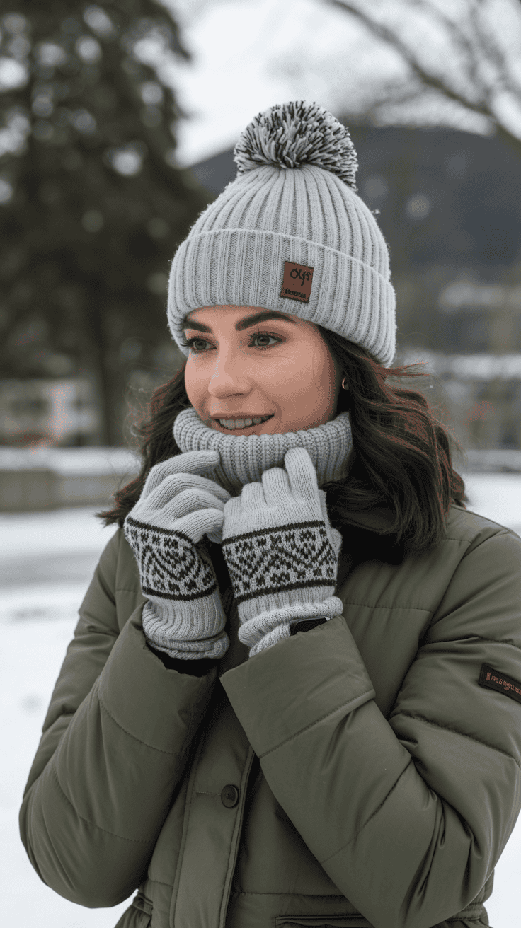 A woman wearing winter accessories including hats, gloves, and scarves on a snowy day.