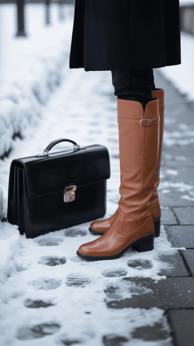 A woman wearing stylish winter boots next to a black briefcase on a snowy sidewalk.