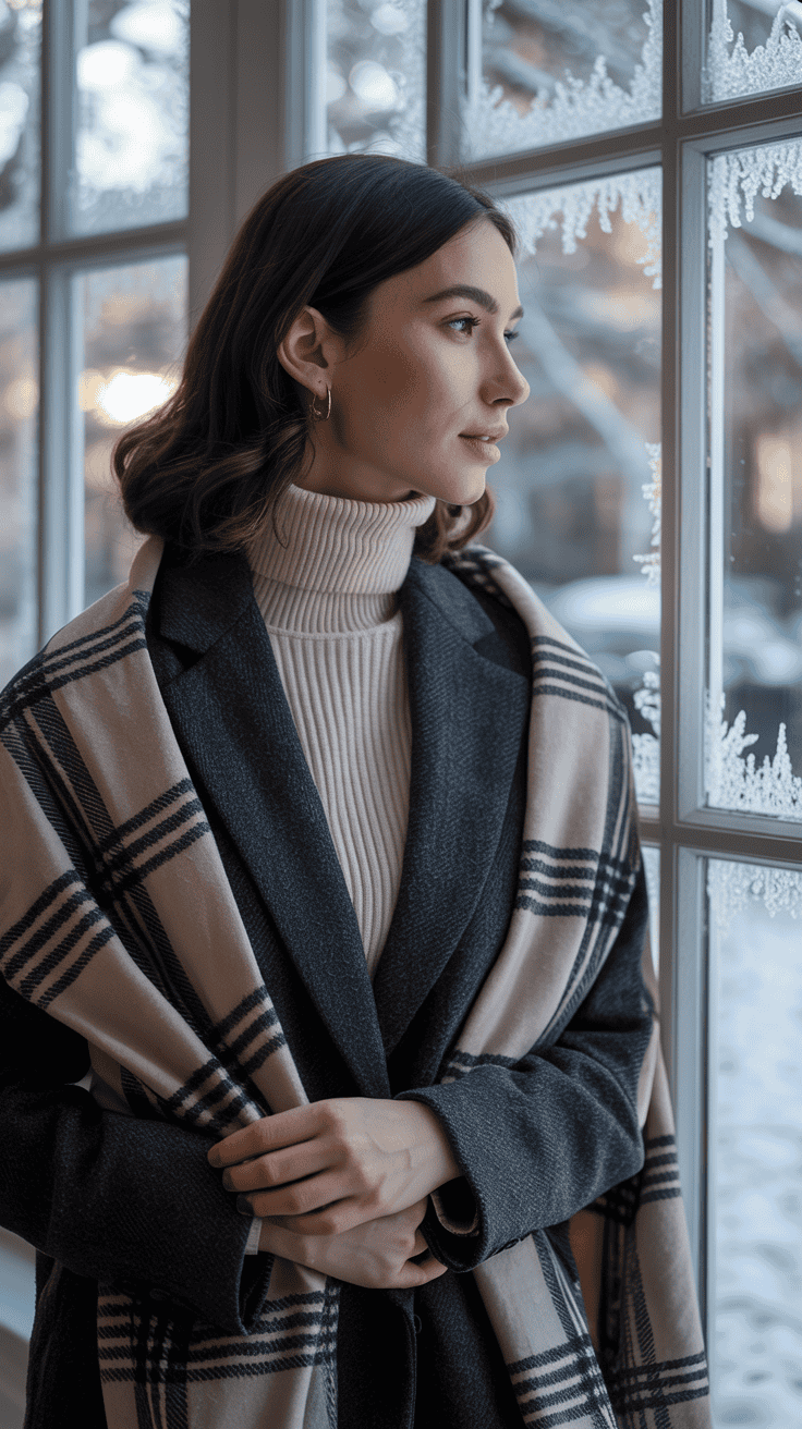 A woman in a stylish layered outfit, looking out a window during winter.