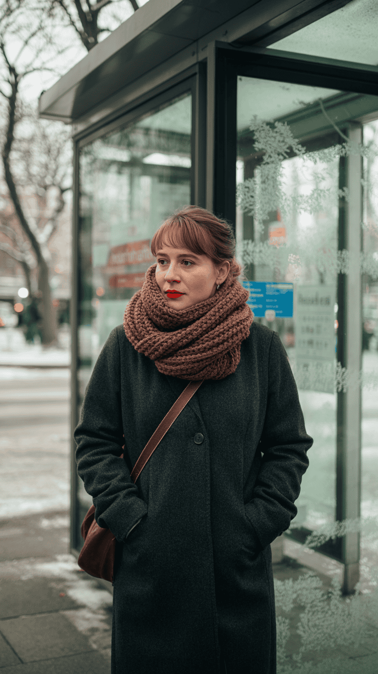 A woman waiting at a bus stop in winter attire, featuring a warm coat and a scarf.