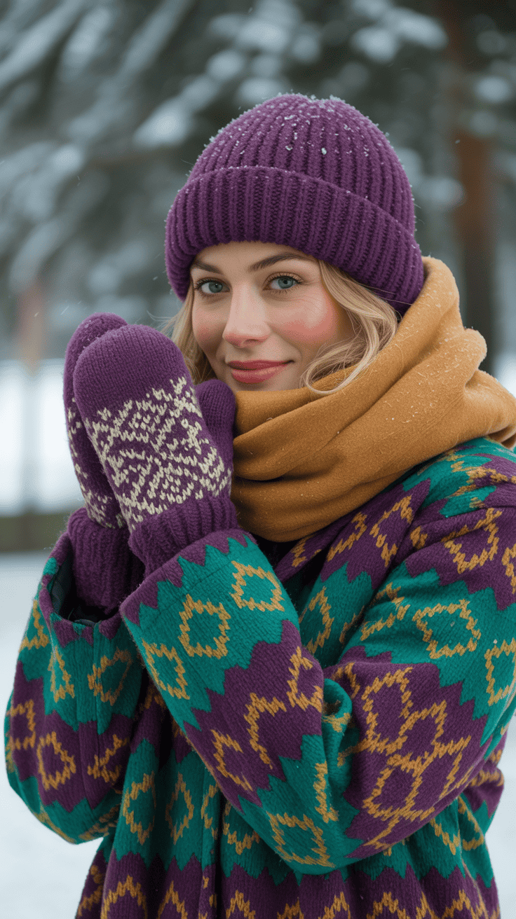 A woman wearing a colorful winter coat and accessories 