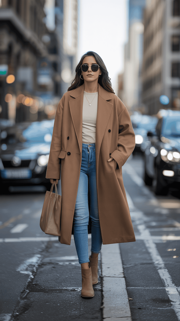 Woman wearing an oversized camel coat with skinny jeans and ankle boots, walking confidently down a city street like a street style star