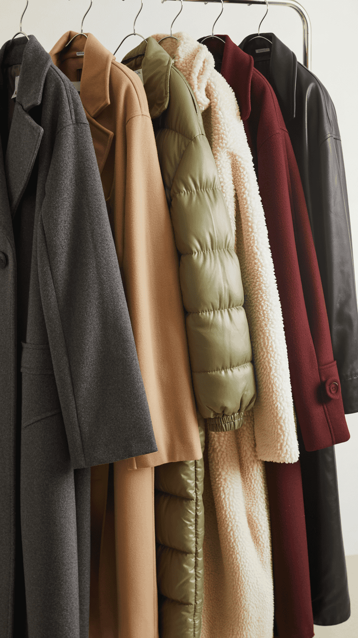 Collection of different oversized coat styles including wool, trench, and puffer designs in various colors for street style looks