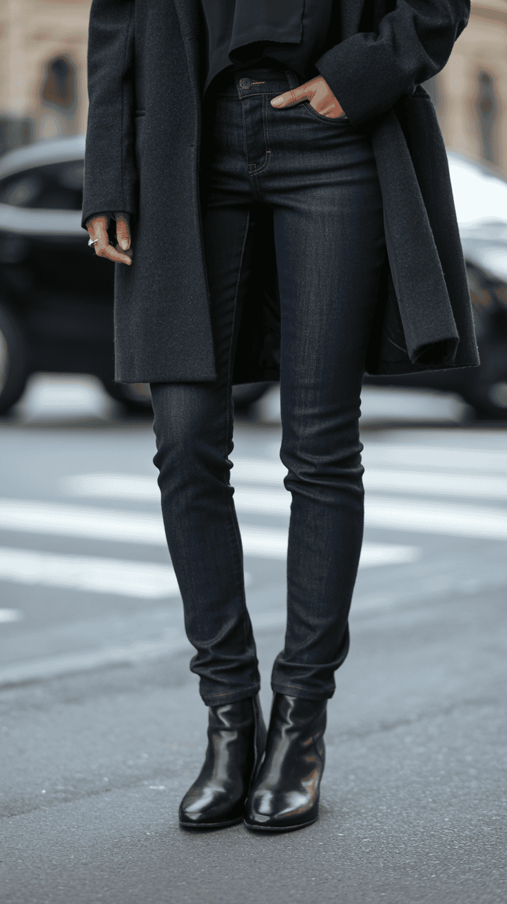 Close-up of skinny jeans and ankle boots paired with the hem of an oversized coat for a balanced street style look